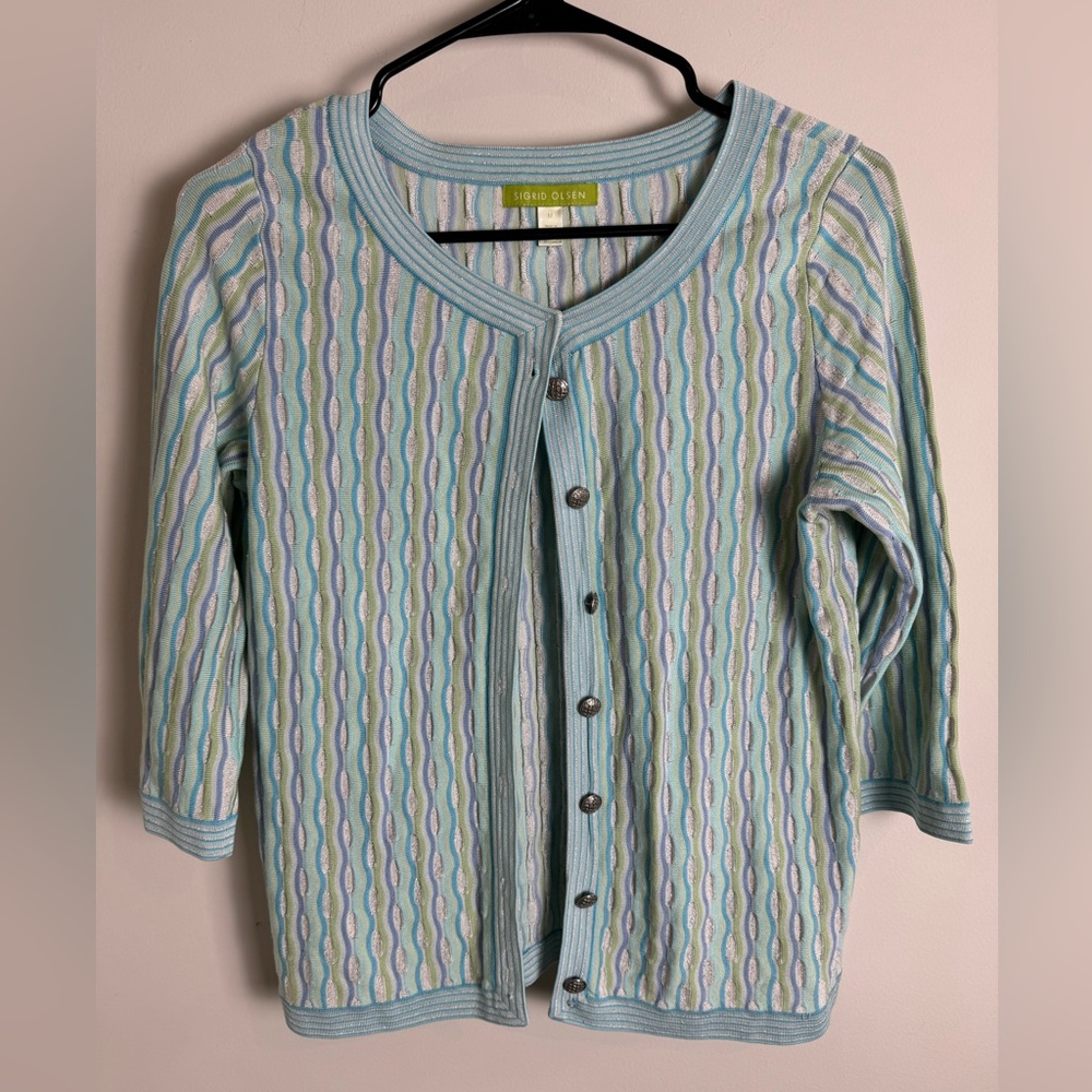 Sigrid Olsen Silk Blend Multi Colored Striped Shimmer Button Up Cardigan M
